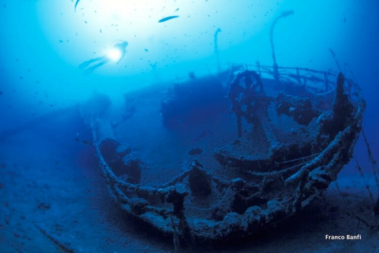 scuba diver on Teti wreck,Vis island, Croatia, Adriatic Sea, Mediterranean